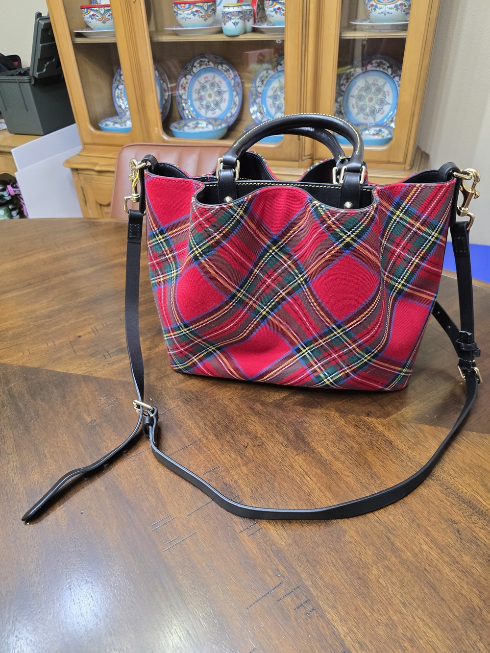 Dooney & Bourke Red Plaid Tote Bag with Black Trim - Picture 4 of 12